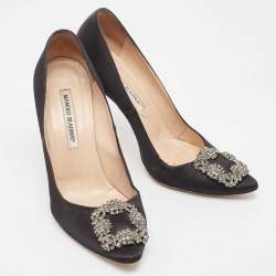 Pre Owned Manolo Blahnik Black Satin Hangisi Pumps Size 38.5