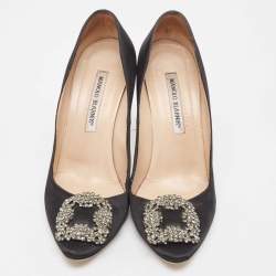 Pre Owned Manolo Blahnik Black Satin Hangisi Pumps Size 38.5