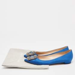 Pre Owned Manolo Blahnik Blue Satin Hangisi  Flats Size 37 