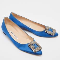 Pre Owned Manolo Blahnik Blue Satin Hangisi  Flats Size 37 