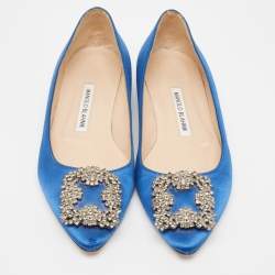 Pre Owned Manolo Blahnik Blue Satin Hangisi  Flats Size 37 