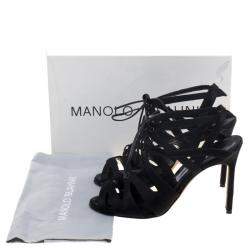 Manolo Blahnik Black Satin Netochka Cage Lace-up Sandals Size 38