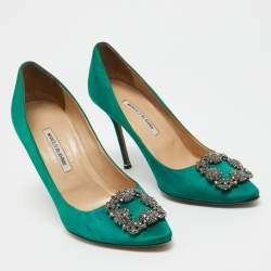Pre Owned Manolo Blahnik Green Satin Hangisi Pumps Size 42