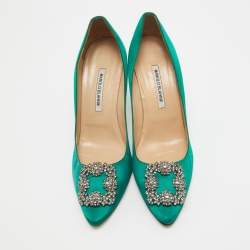 Pre Owned Manolo Blahnik Green Satin Hangisi Pumps Size 42