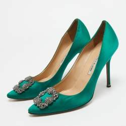 Pre Owned Manolo Blahnik Green Satin Hangisi Pumps Size 42