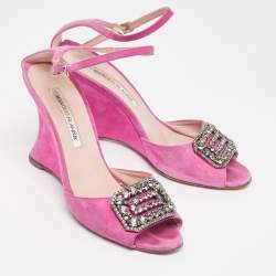 Manolo Blahnik Fuchsia Suede Crystal Embellished Trice Wedge Sandals Size 38.5