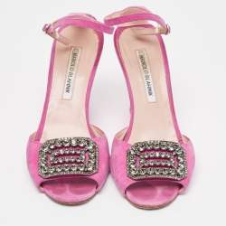 Manolo Blahnik Fuchsia Suede Crystal Embellished Trice Wedge Sandals Size 38.5