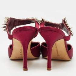 Pre Owned Manolo Blahnik Burgundy Satin Lurum Heel Mules Size 35