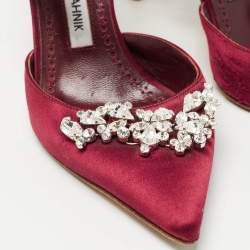 Pre Owned Manolo Blahnik Burgundy Satin Lurum Heel Mules Size 35