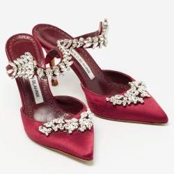 Pre Owned Manolo Blahnik Burgundy Satin Lurum Heel Mules Size 35