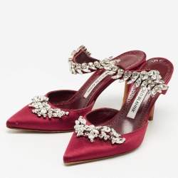 Pre Owned Manolo Blahnik Burgundy Satin Lurum Heel Mules Size 35