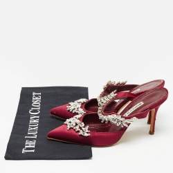 Pre Owned Manolo Blahnik Burgundy Satin Lurum Heel Mules Size 35