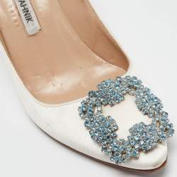 Pre Owned Manolo Blahnik White Satin Hangisi Pumps Size 34