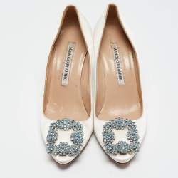 Pre Owned Manolo Blahnik White Satin Hangisi Pumps Size 34