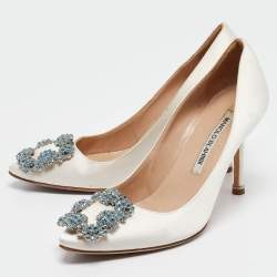 Pre Owned Manolo Blahnik White Satin Hangisi Pumps Size 34