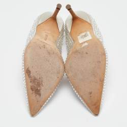 Pre Owned Manolo Blahnik Grey Crystal Embellished Satin BB Pumps Size 38.5