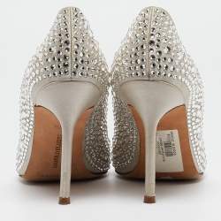 Pre Owned Manolo Blahnik Grey Crystal Embellished Satin BB Pumps Size 38.5