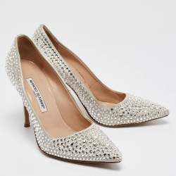 Pre Owned Manolo Blahnik Grey Crystal Embellished Satin BB Pumps Size 38.5