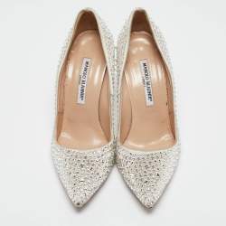 Pre Owned Manolo Blahnik Grey Crystal Embellished Satin BB Pumps Size 38.5