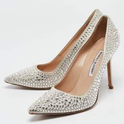 Pre Owned Manolo Blahnik Grey Crystal Embellished Satin BB Pumps Size 38.5