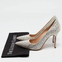 Pre Owned Manolo Blahnik Grey Crystal Embellished Satin BB Pumps Size 38.5