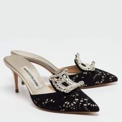 Manolo Blahnik Black/Grey Suede and Satin Borli Mules Size 36.5