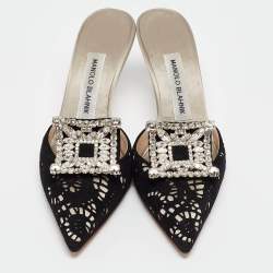 Manolo Blahnik Black/Grey Suede and Satin Borli Mules Size 36.5