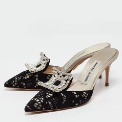 Manolo Blahnik Black/Grey Suede and Satin Borli Mules Size 36.5