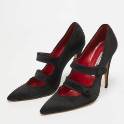 Pre Owned Manolo Blahnik Black Satin Double Strap Mary Jane Pumps Size 36.5