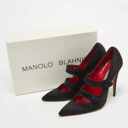 Pre Owned Manolo Blahnik Black Satin Double Strap Mary Jane Pumps Size 36.5