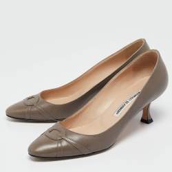 Manolo Blahnik Grey Leather Almond Toe Pumps Size 36.5