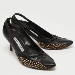 Manolo Blahnik Black/Brown Leather and Calf Hair Almond Toe Pumps Size 37