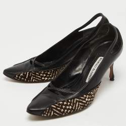 Manolo Blahnik Black/Brown Leather and Calf Hair Almond Toe Pumps Size 37