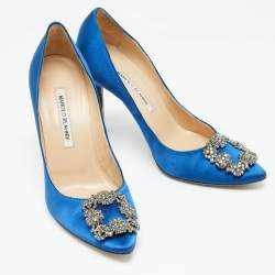 Pre Owned Manolo Blahnik Blue Satin Hangisi Pumps Size 38.5
