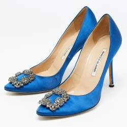 Pre Owned Manolo Blahnik Blue Satin Hangisi Pumps Size 38.5