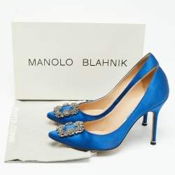 Pre Owned Manolo Blahnik Blue Satin Hangisi Pumps Size 38.5