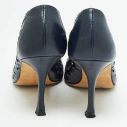Pre Owned Manolo Blahnik Navy Blue Leather Open Toe Pumps Size 36.5