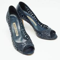 Pre Owned Manolo Blahnik Navy Blue Leather Open Toe Pumps Size 36.5
