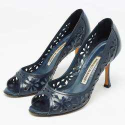 Pre Owned Manolo Blahnik Navy Blue Leather Open Toe Pumps Size 36.5