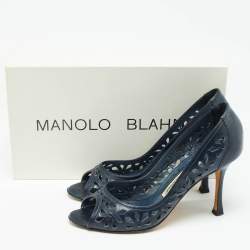 Pre Owned Manolo Blahnik Navy Blue Leather Open Toe Pumps Size 36.5