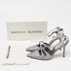 Pre Owned Manolo Blahnik Grey Leather and Brocade Fabric Pointed Toe Strappy Pumps Size 40.5