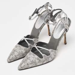 Pre Owned Manolo Blahnik Grey Leather and Brocade Fabric Pointed Toe Strappy Pumps Size 40.5