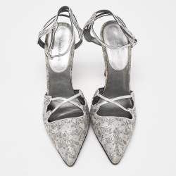 Pre Owned Manolo Blahnik Grey Leather and Brocade Fabric Pointed Toe Strappy Pumps Size 40.5