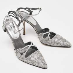 Pre Owned Manolo Blahnik Grey Leather and Brocade Fabric Pointed Toe Strappy Pumps Size 40.5