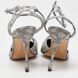 Pre Owned Manolo Blahnik Grey Leather and Brocade Fabric Pointed Toe Strappy Pumps Size 40.5