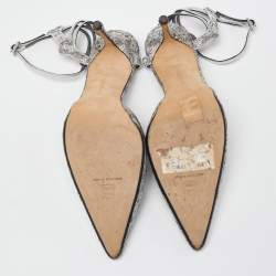 Pre Owned Manolo Blahnik Grey Leather and Brocade Fabric Pointed Toe Strappy Pumps Size 40.5