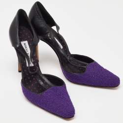 Manolo Blahnik Purple/Black Tweed and Leather Pointed Toe Pumps Size 40