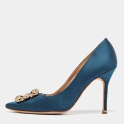 Pre Owned Manolo Blahnik Blue Satin Hangisi Pumps Size 38.5