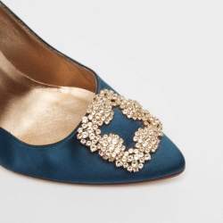 Pre Owned Manolo Blahnik Blue Satin Hangisi Pumps Size 38.5