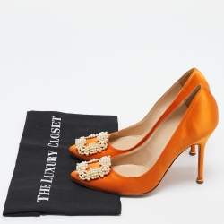 Pre Owned Manolo Blahnik  Orange Satin Hangisi Pumps Size 38.5
